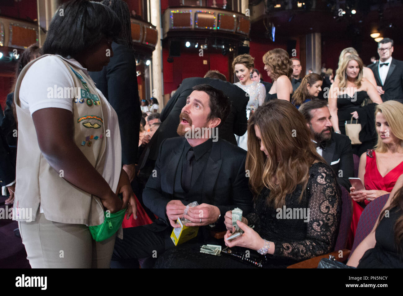 Oscar®-nominee Christian Bale and Sibi Blazic buy Girl Scout Cookies during the live ABC Telecast of The 88th Oscars® at the Dolby® Theatre in Hollywood, CA on Sunday, February 28, 2016.  File Reference # 32854 753THA  For Editorial Use Only -  All Rights Reserved Stock Photo