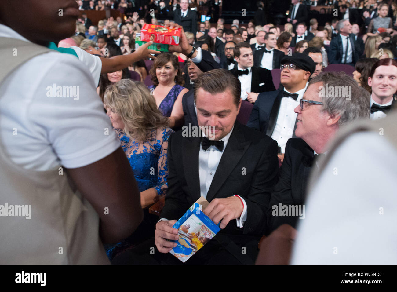 Oscar®-nominee Leonardo DiCaprio buys Girl Scout Cookies during the live ABC Telecast of The 88th Oscars® at the Dolby® Theatre in Hollywood, CA on Sunday, February 28, 2016.  File Reference # 32854 754THA  For Editorial Use Only -  All Rights Reserved Stock Photo