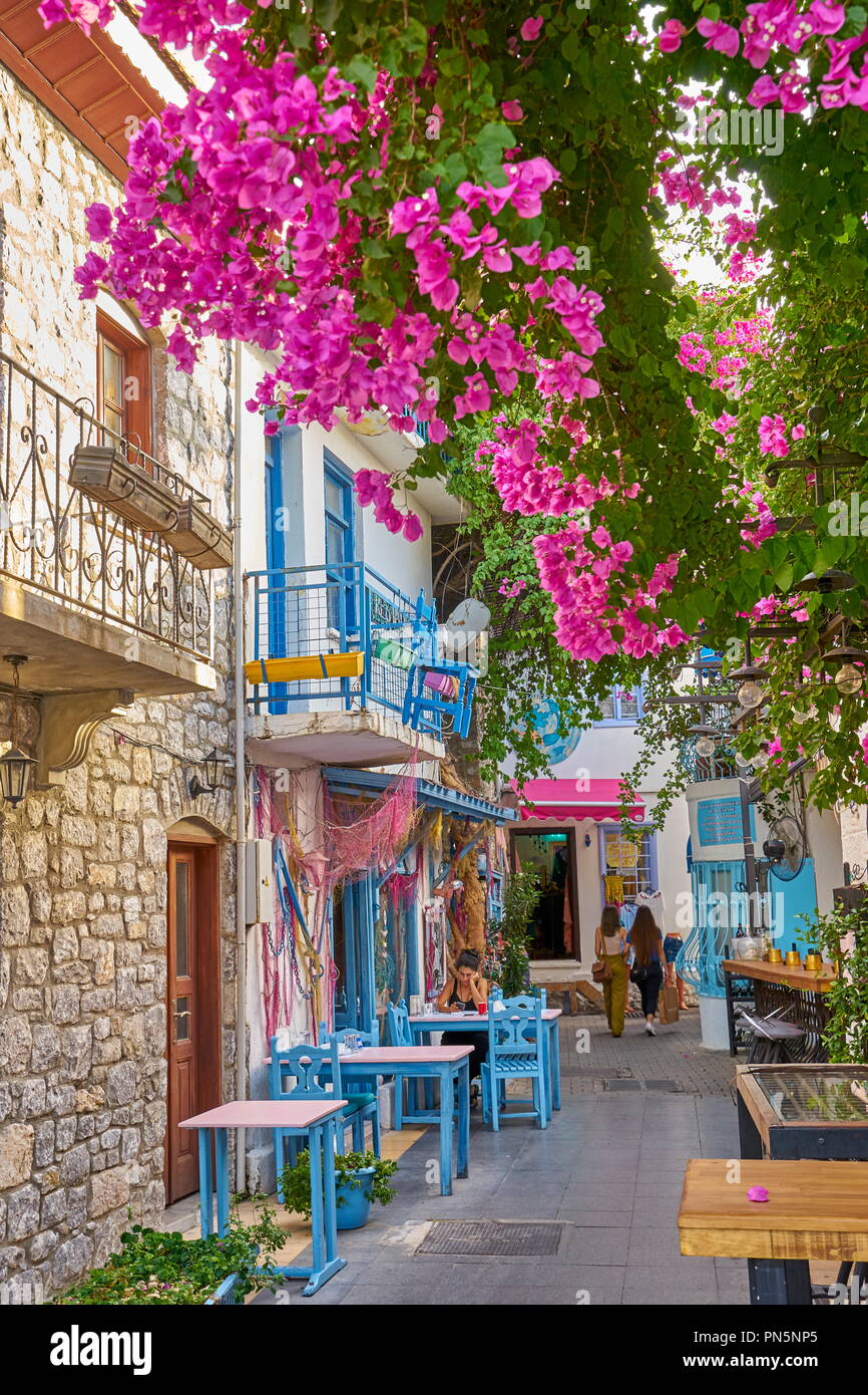 Marmaris old town, house facade with blooming flowers, Mugla, Turkey Stock Photo
