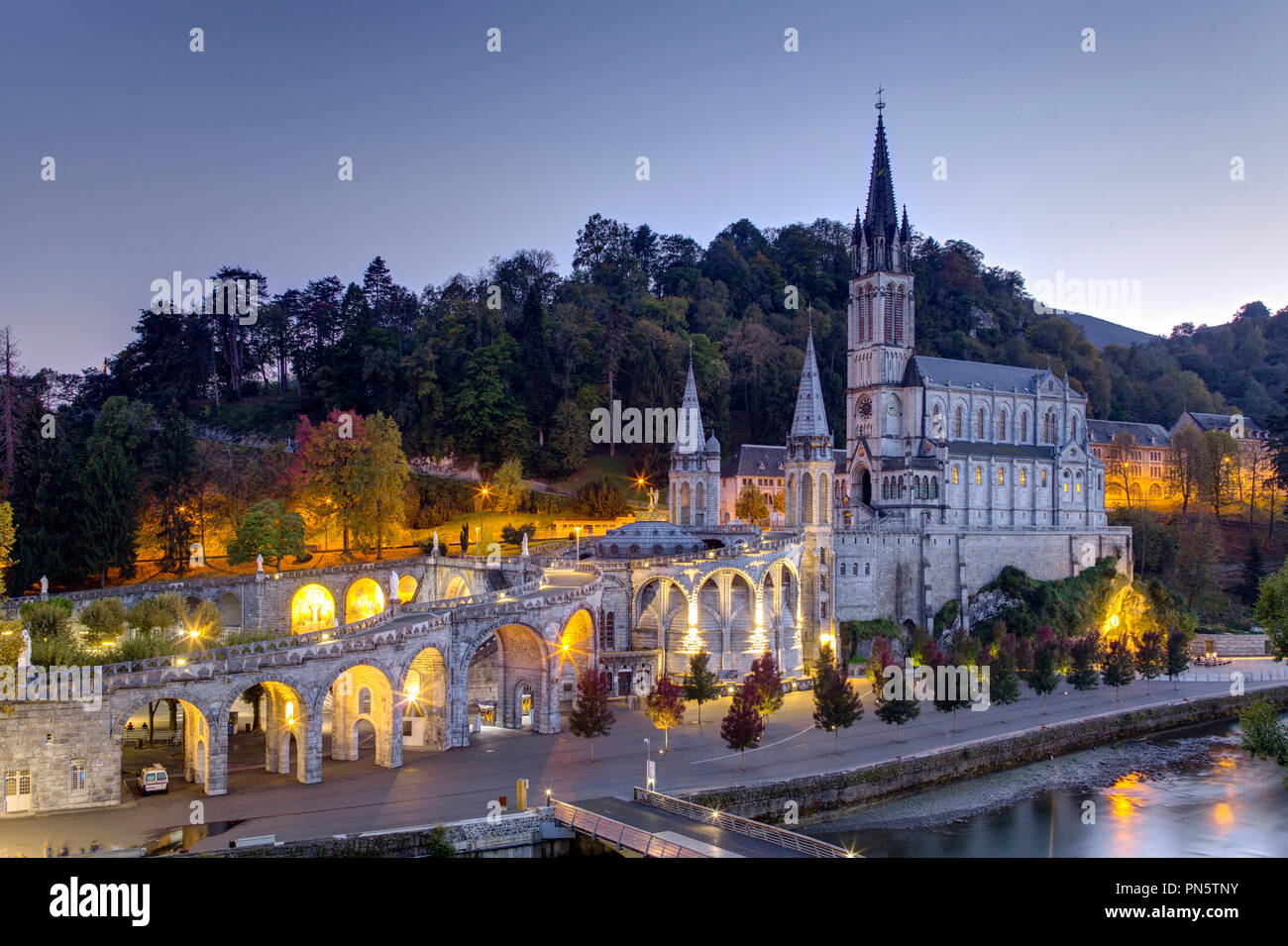 Lourdes (south-western France): outer view of the Basilica of Our Lady of the Rosary and the Gave de Pau river (not available for postcard production) Stock Photo