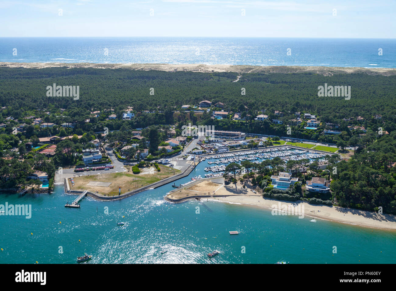 Lege-Cap-Ferret (south-western France): aerial view of the Cap Ferret  peninsula. The harbour of La Vigne viewed from the inner part the Arcachon  Bay Stock Photo - Alamy