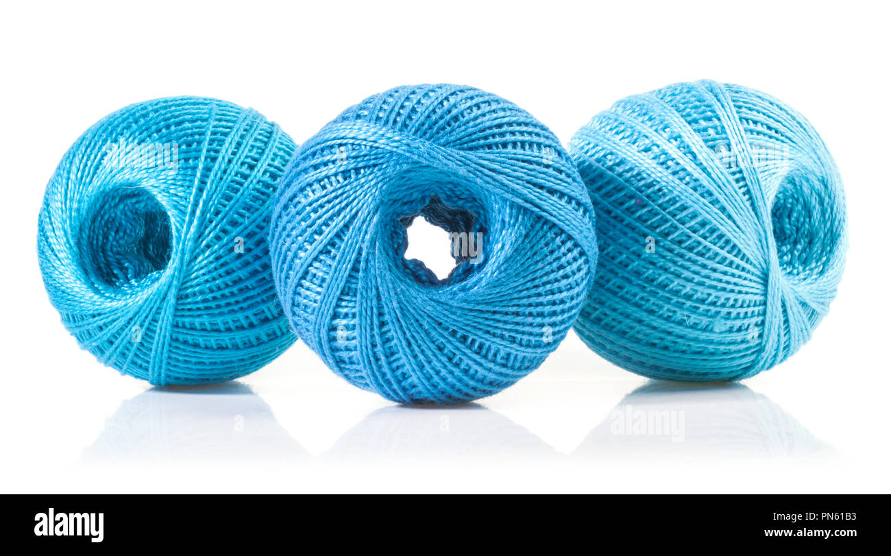 Blue cotton yarn balls isolated on white Stock Photo