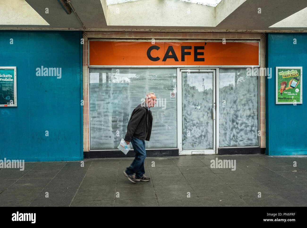 Closed down and white washed cafe at bus station in Crewe Cheshire UK Stock Photo