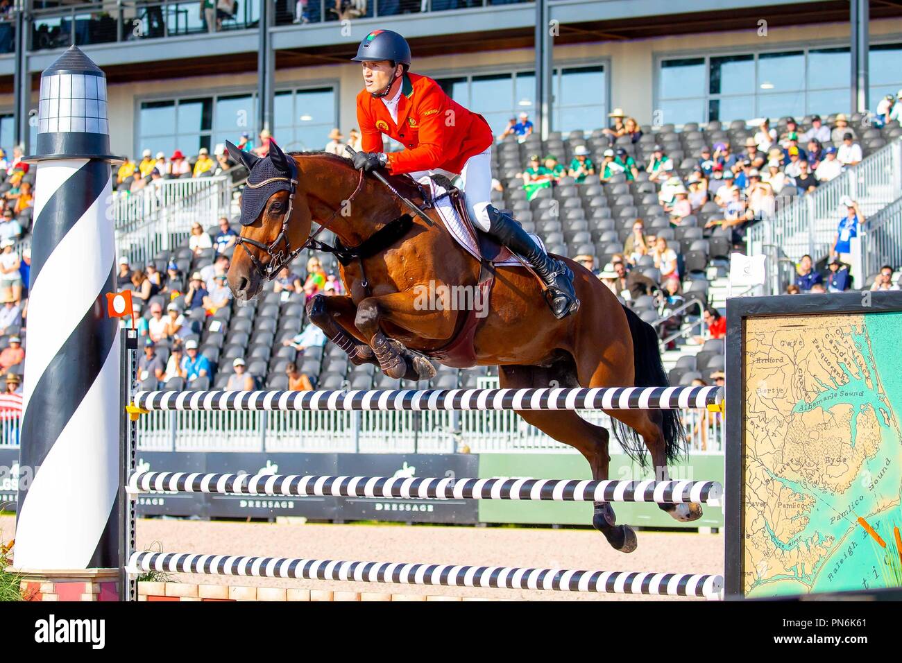 Tryon, California, USA. 19th Sept 2018. Rodrigo Giesteira Almeida riding GC Chopin's Bushi. POR. FEI World Team & Individual Jumping Championships. First Competition. Shiowjumping. 1.55m. Table C. Day 8. World Equestrian Games. WEG 2018 Tryon. North Carolina. USA. 19/09/2018. Credit: Sport In Pictures/Alamy Live News Stock Photo