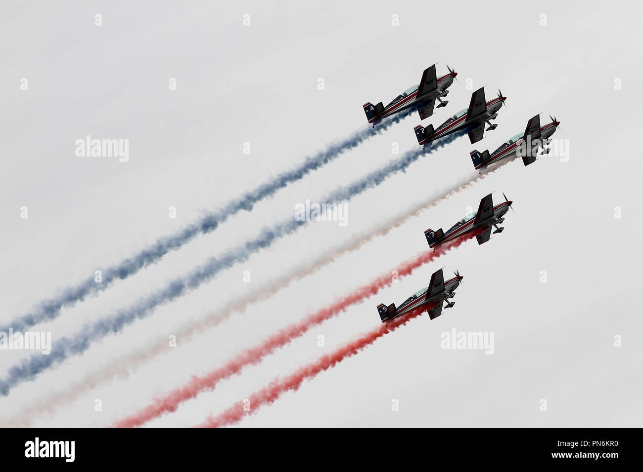 Santiago. 19th Sep, 2018. Military planes fly past during an annual military parade to mark Chile's Independence anniversary, in capital Santiago Sept. 19, 2018. Credit: Wang Pei/Xinhua/Alamy Live News Stock Photo