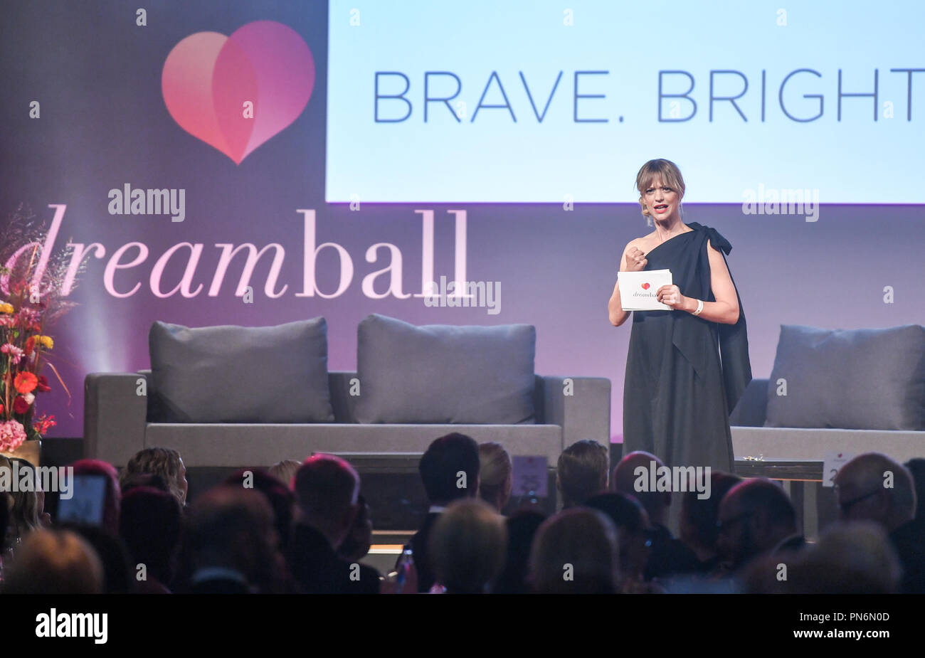 19 September 2018, Berlin: Heike Makatsch speaks at the charity gala 'Dreamball' in the Westhafen Event & Convention Center. Donations are collected for girls and women suffering from cancer. Photo: Jens Kalaene/dpa Stock Photo
