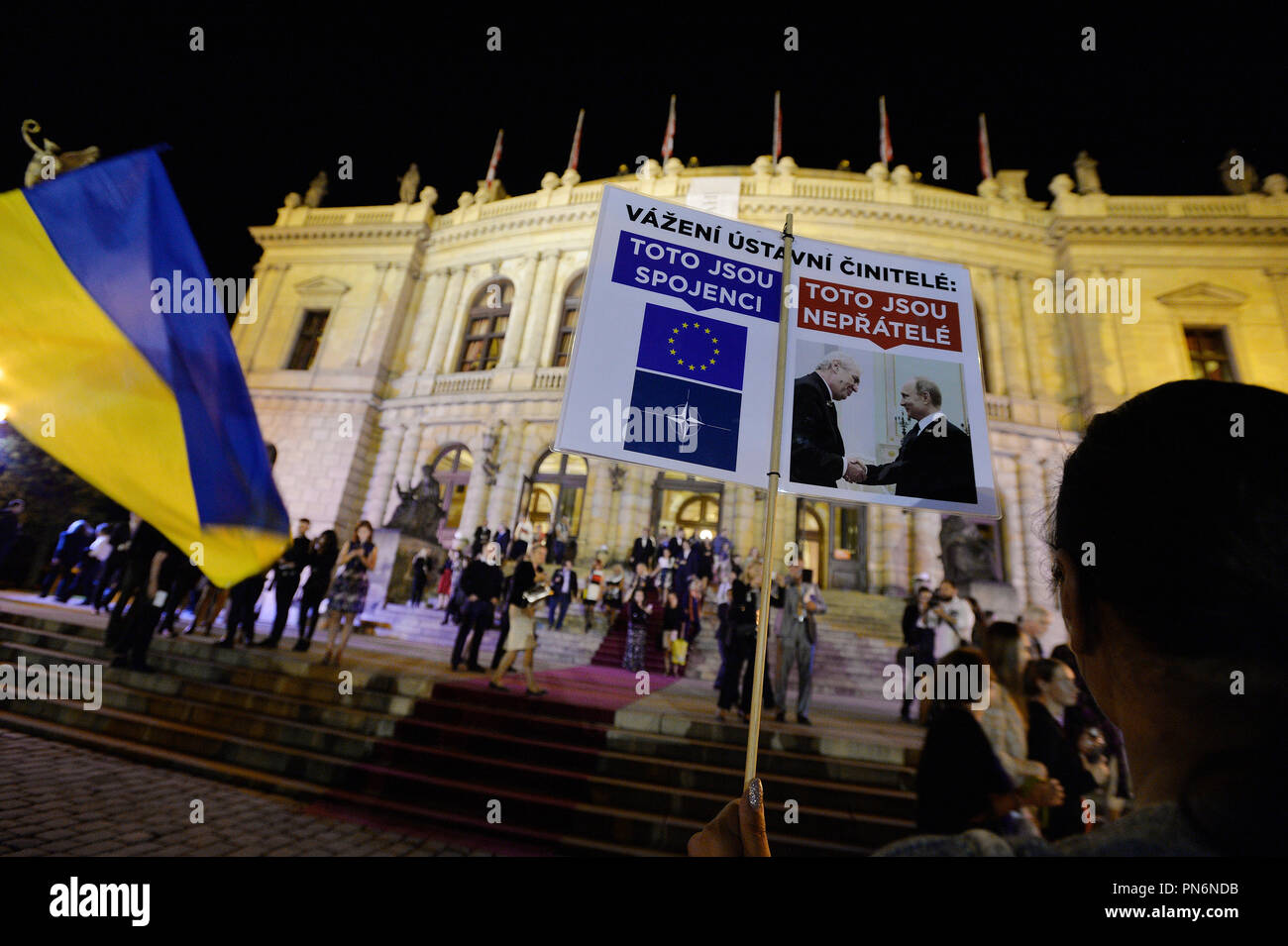 A Prague concert of Ukrainian pianist Valentina Lisitsa held on Wednesday, September 19, 2018, within the Dvorak Prague International Music Festival in the Rudolfinum concert hall was accompanied by protesters distributing leaflets on alleged activities of Lisitsa in support of Russian President Vladimir Putin. About ten people claiming to belong to the Kaputin Facebook group distributed leaflets to the concert-goers that resembled a concert programme, containing information about the alleged activities of the artist, who is of Polish and Russian origin, in private life and on social networks. Stock Photo