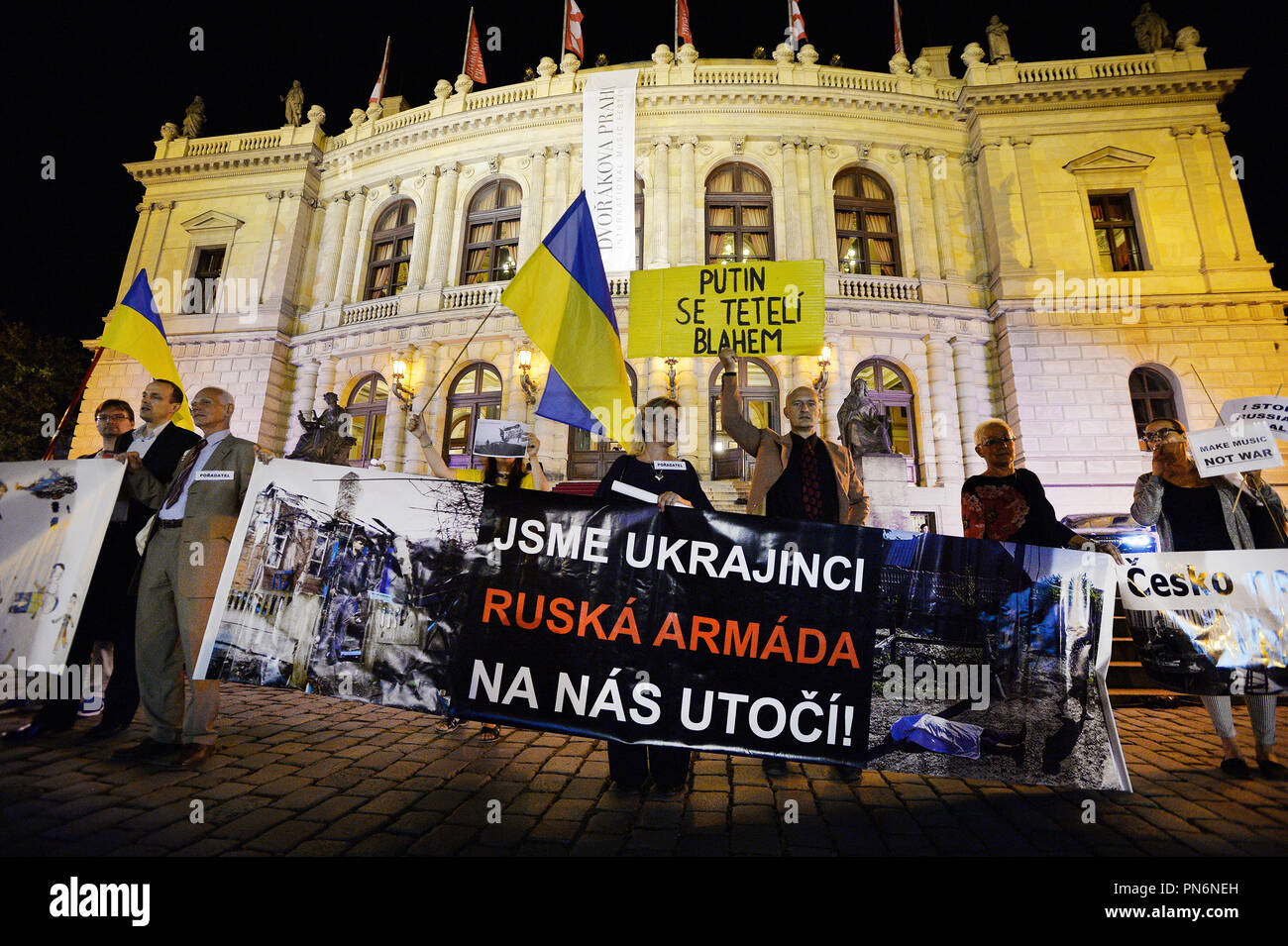 A Prague concert of Ukrainian pianist Valentina Lisitsa held on Wednesday, September 19, 2018, within the Dvorak Prague International Music Festival in the Rudolfinum concert hall was accompanied by protesters distributing leaflets on alleged activities of Lisitsa in support of Russian President Vladimir Putin. About ten people claiming to belong to the Kaputin Facebook group distributed leaflets to the concert-goers that resembled a concert programme, containing information about the alleged activities of the artist, who is of Polish and Russian origin, in private life and on social networks. Stock Photo