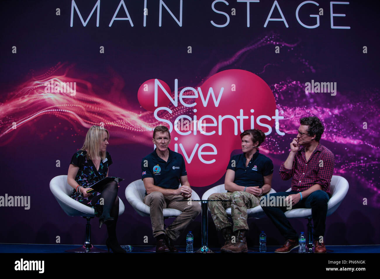 London 20 September 2018 New Scientis Live 2018 Main stage welcomed Tim Peake, European Space Agency (ESA) astronaut of British nationality. He finished his 186-day Principia mission working on the International Space Station for Expedition 46/47 when he landed back on Earth 18 June 2016. Tim has a background as a test pilot and a British Army Air Corps officer@Paul Quezada-Neiman/Alamy Live News Stock Photo