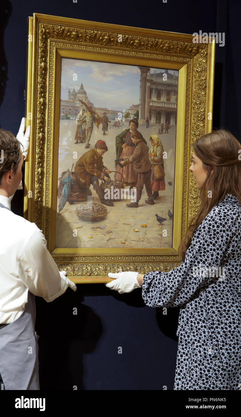 London,UK,20th September 2018,Bonhams 19th century European, Victorian and British Impressionist Art Photocall. Highlights include: ANTONIO ERMOLAO PAOLETTI(Italian, 1834-1912)Street vendors near Piazza San Marco, Venice. Estimated at £ 5,000 - 7,000. Sale takes place on the 26th September at 2pm.Credit:Keith Larby/Alamy Live News Stock Photo