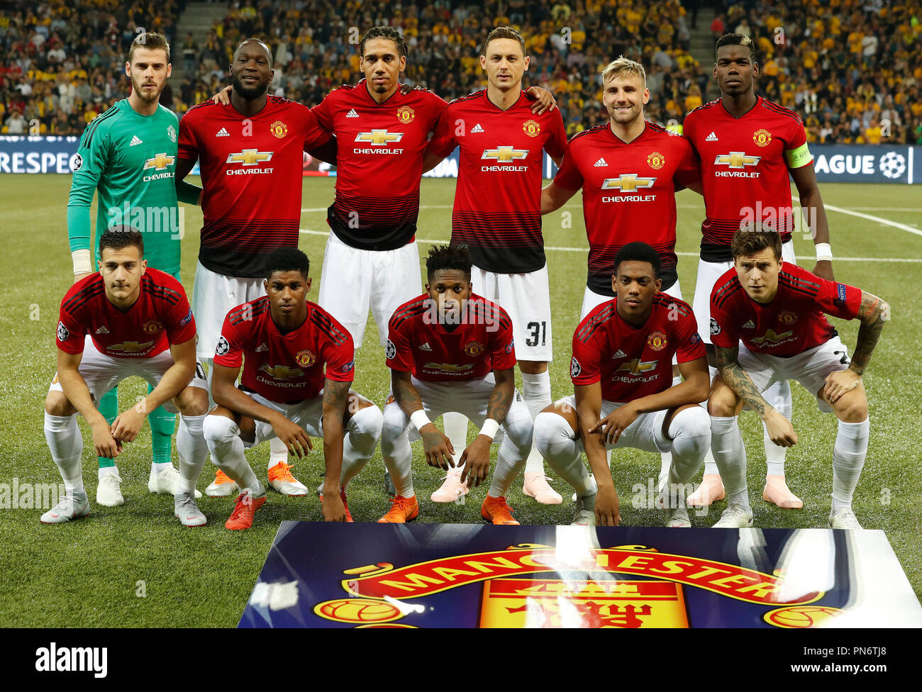 Bern, Switzerland. 19th Sep, 2018. Manchester United's players pose for group photos before the UEFA Champions League Group H match between BSC Young Boys and Manchester United at the Stade de Suisse Stadium in Bern, Switzerland, Sept. 19, 2018. Manchester United won 3-0. Credit: Ruben Sprich/Xinhua/Alamy Live News Stock Photo