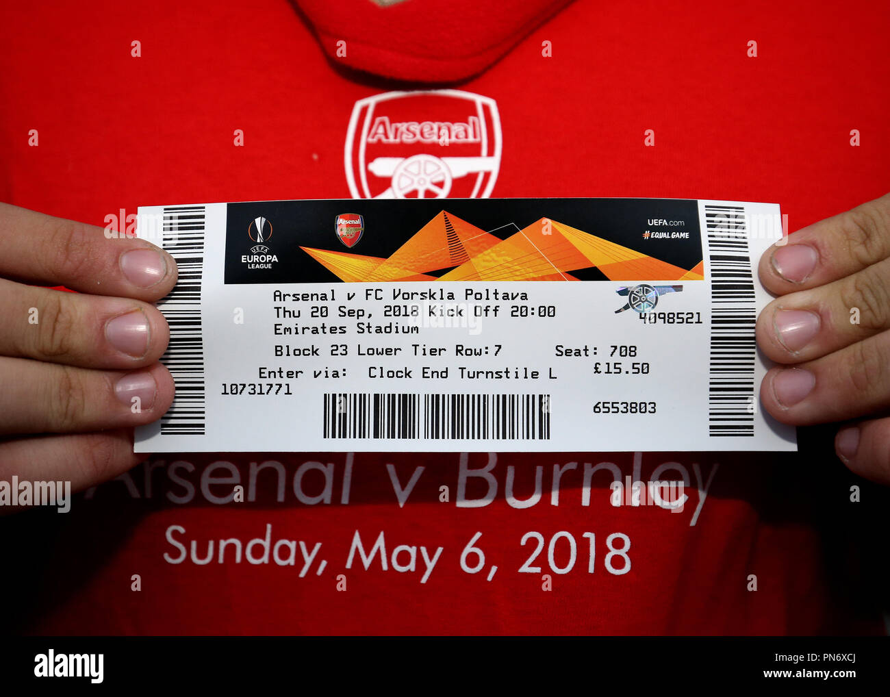 Emirates Stadium, London, UK. 20th Sep, 2018. UEFA Europa League football,  Arsenal versus Vorskla Poltava; Arsenal fan holding up his match ticket  Credit: Action Plus Sports Images/Alamy Live News Stock Photo -