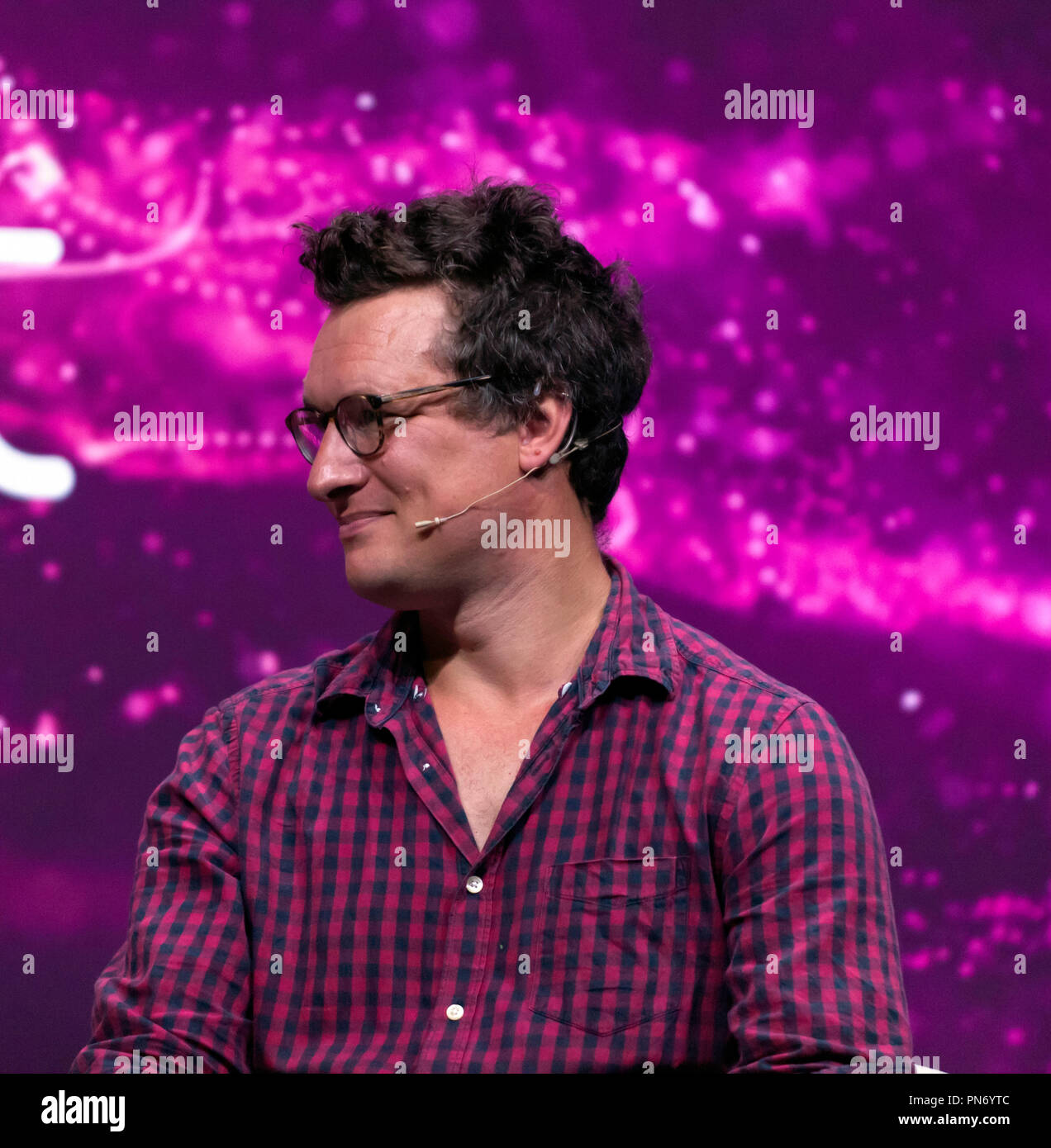 Explorer Will Millard participating in a talk about life in Space and the wild corners of Earth on the main stage at New Scientist Live, ExCel London, Stock Photo