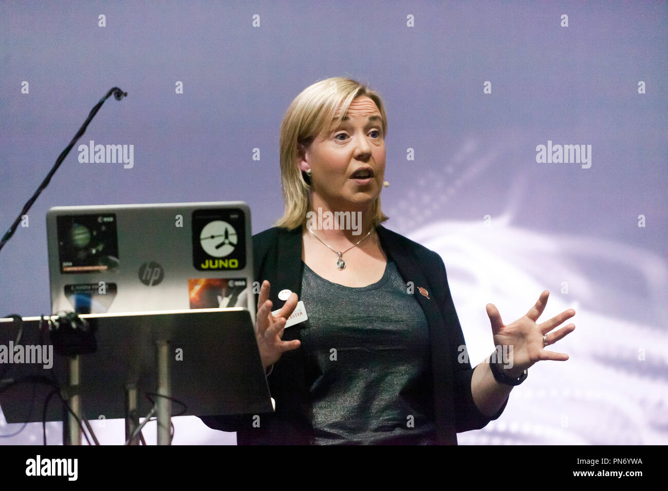 Professor Emma Bunce explaining the role of the probe BepiColombo,  in its impending mission to Mercury, on the Cosmos Stage, at New Scientist Live Stock Photo