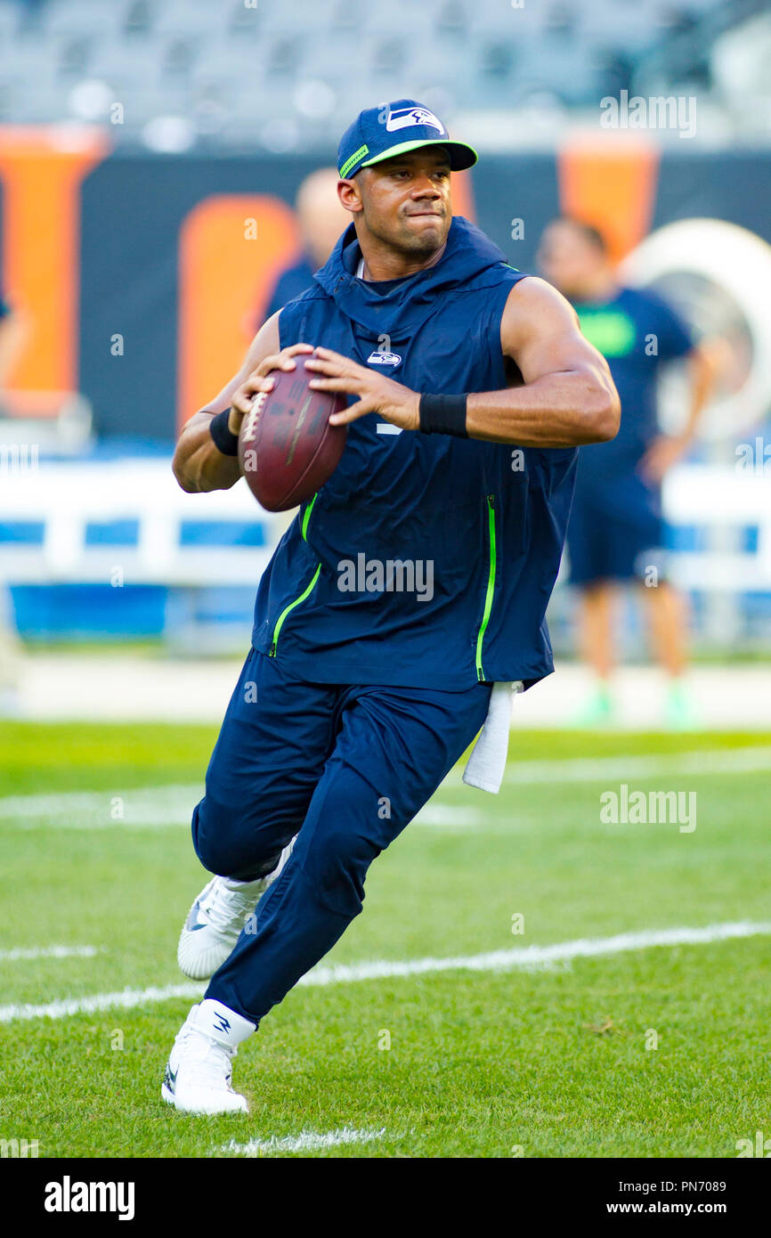 Chicago, Illinois, USA. 17th Sep, 2018. - Seahawks Quarterback #3 Russell Wilson warms up before the NFL Game between the Seattle Seahawks and Chicago Bears at Soldier Field in Chicago, IL. Photographer: Mike Wulf Credit: csm/Alamy Live News Stock Photo