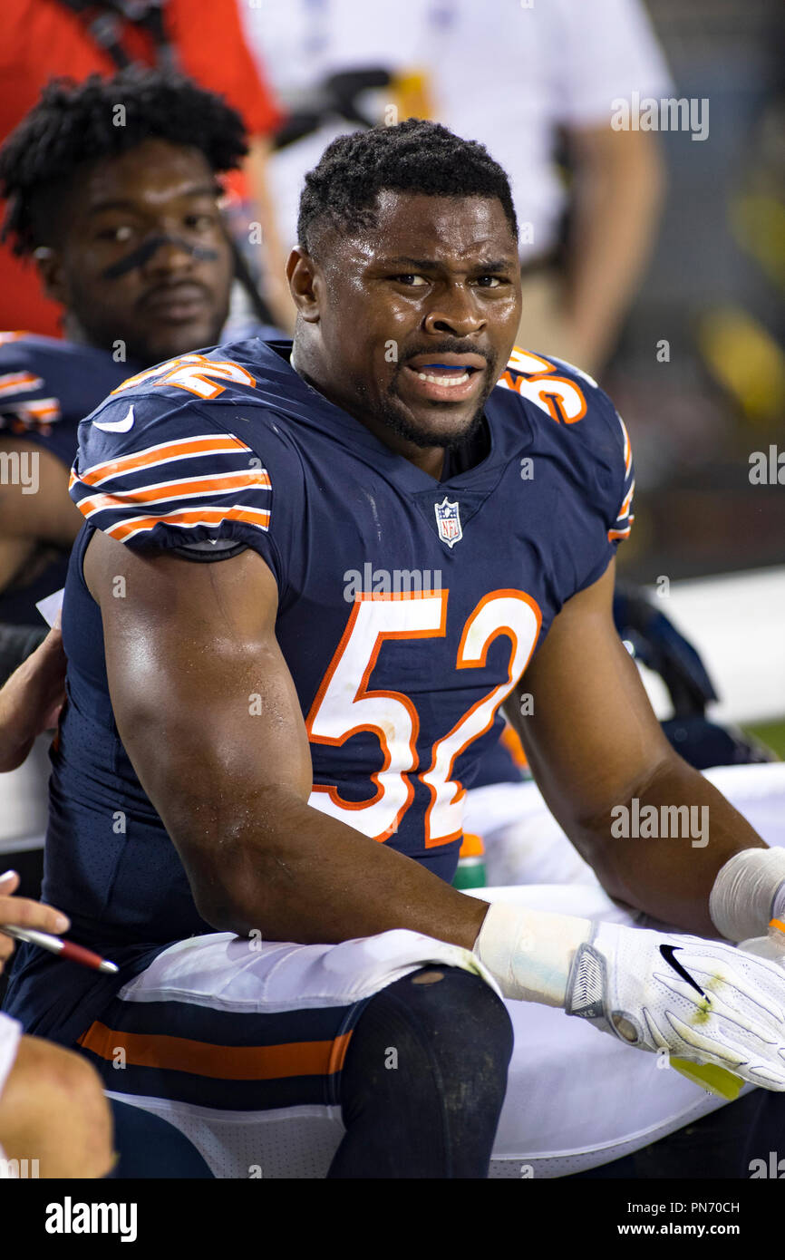 Chicago, Illinois, USA. 17th Sep, 2018. - Bears #52 Khalil Mack signs  autographs after the NFL Game between the Seattle Seahawks and Chicago Bears  at Soldier Field in Chicago, IL. Photographer: Mike