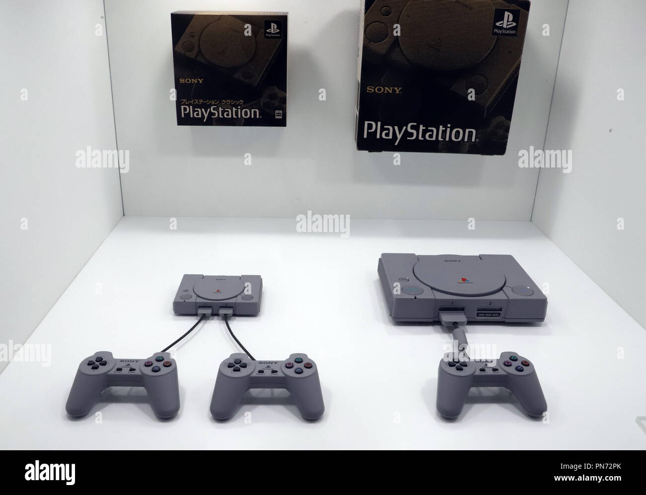 Chiba, Japan. 20th Sep, 2019. Sony Interactive Entertainment announces the  new video game console "PlayStation Classic" (L), a miniature game console  of original PlayStation at the Tokyo Game Show 2018 in Chiba,