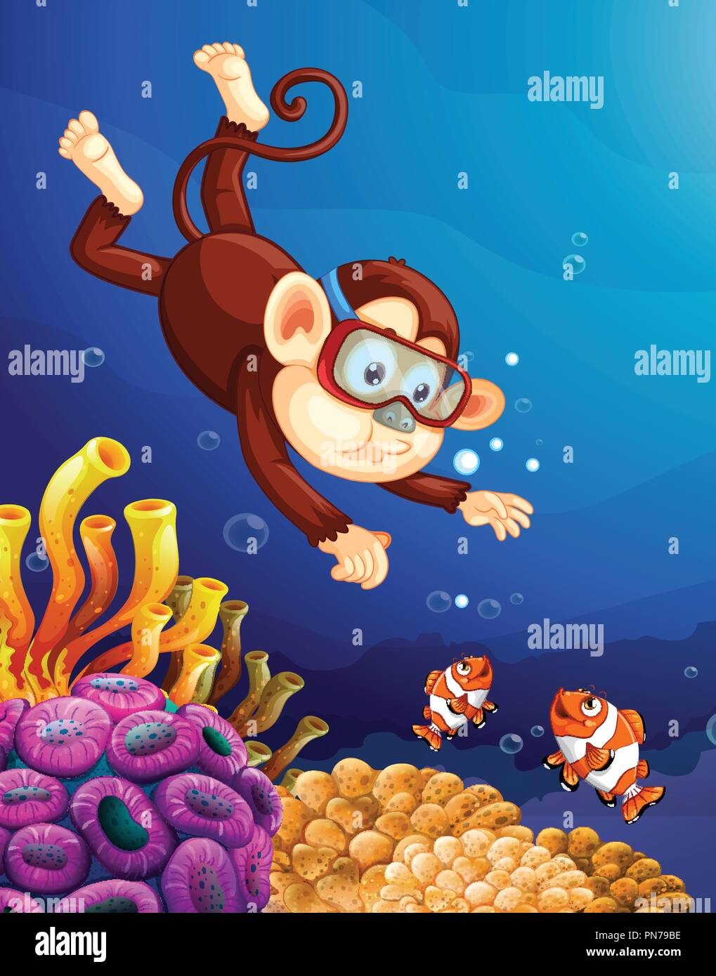 Monkey diving under ocean illustration Stock Vector