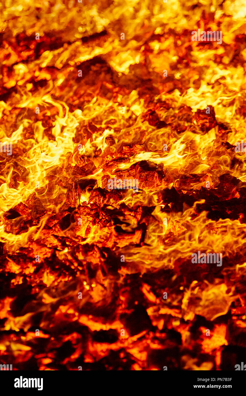 Fire. Volcano incandescent material. Hot charcoal bonfire. Carbon