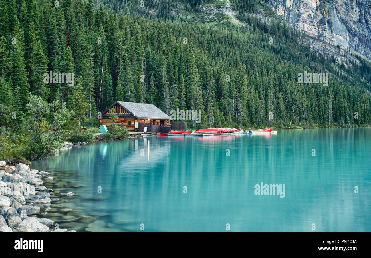 Boat House on Lake Louise, Banff National Park, Alberta, Canada Stock