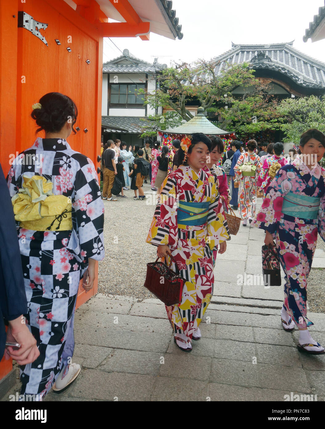 Girls dressed in rented kimono at shrine in Gion, Kyoto, Japan. No MR or PR Stock Photo