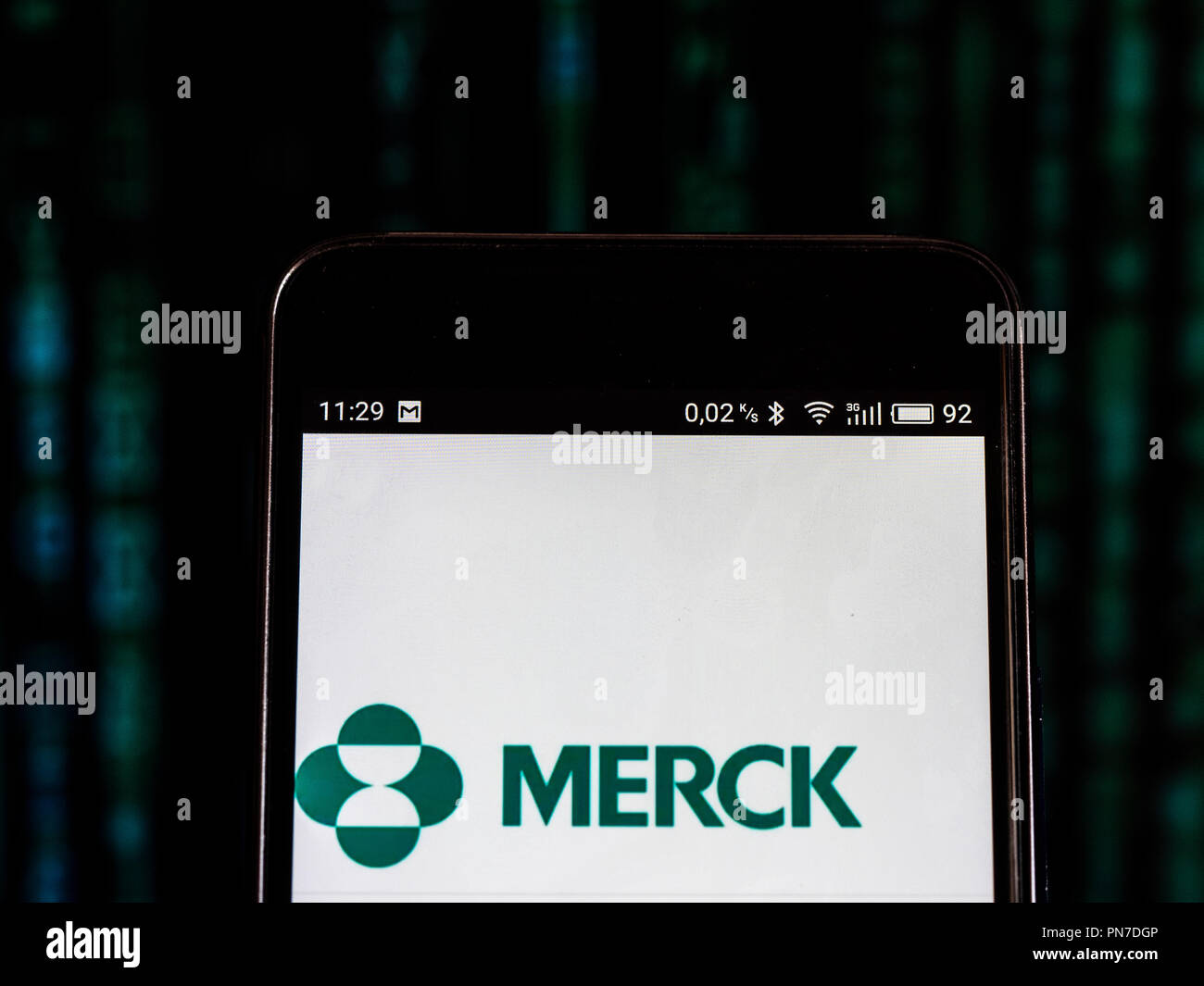 Merck & Co. logo seen displayed on smart phone. Merck & Company, Inc., d.b.a. Merck Sharp & Dohme (MSD) outside the United States and Canada, is an American pharmaceutical company and one of the largest pharmaceutical companies in the world. Stock Photo