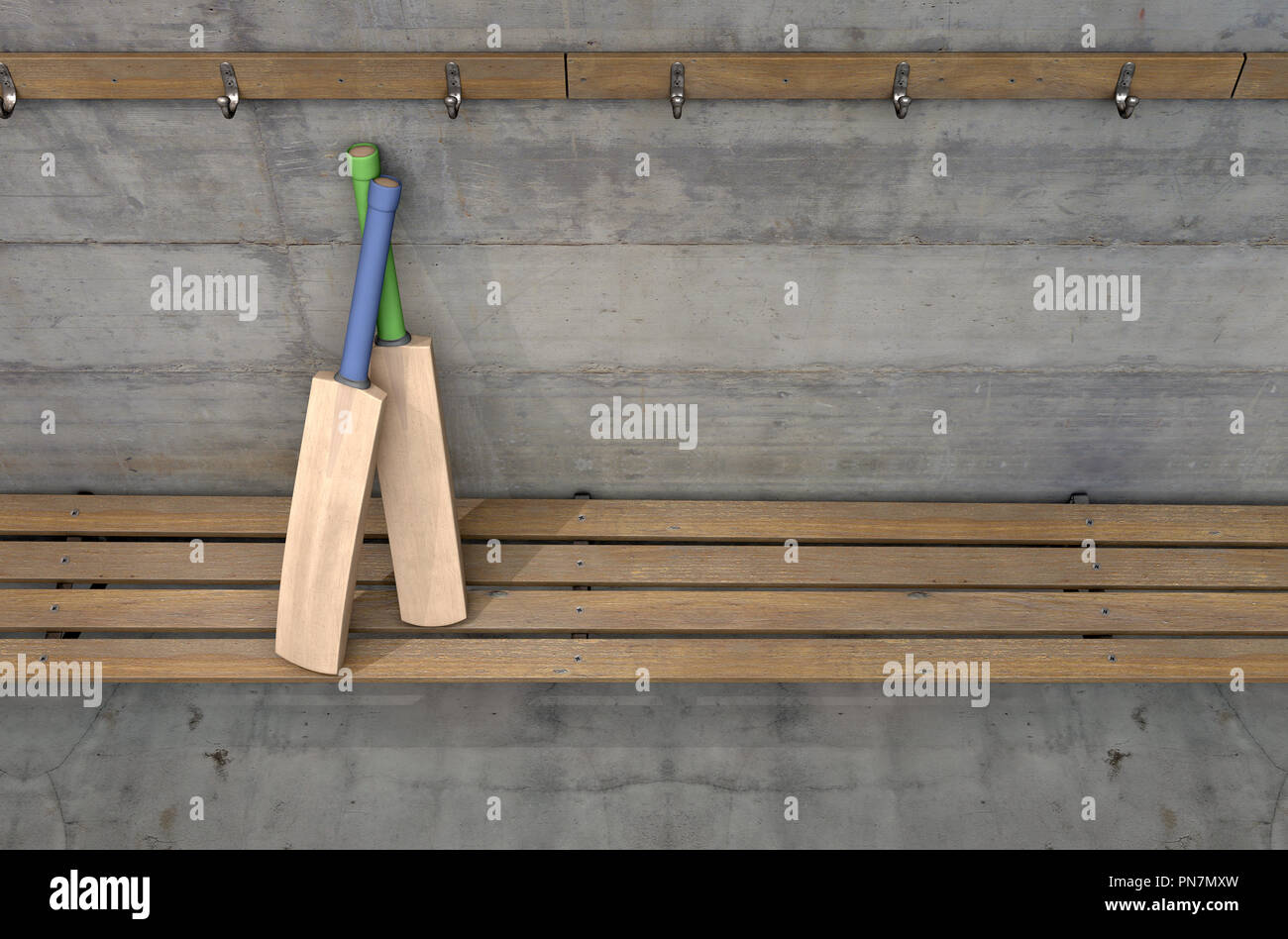 Two Cricket Bats On A Wooden Bench In A Rundown Sports Locker