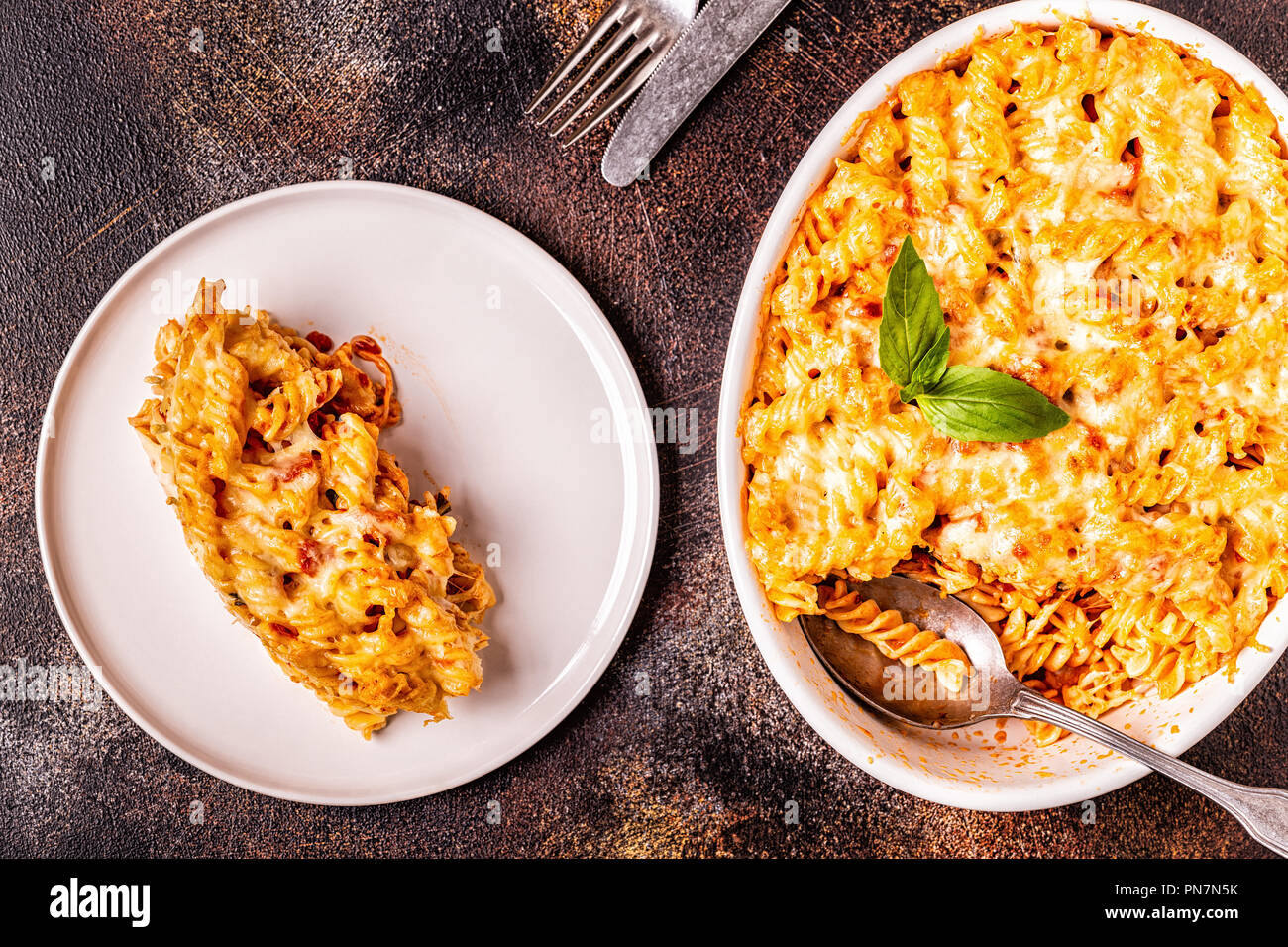 Mac and cheese, pasta baked with cheese sauce, top view Stock Photo Alamy