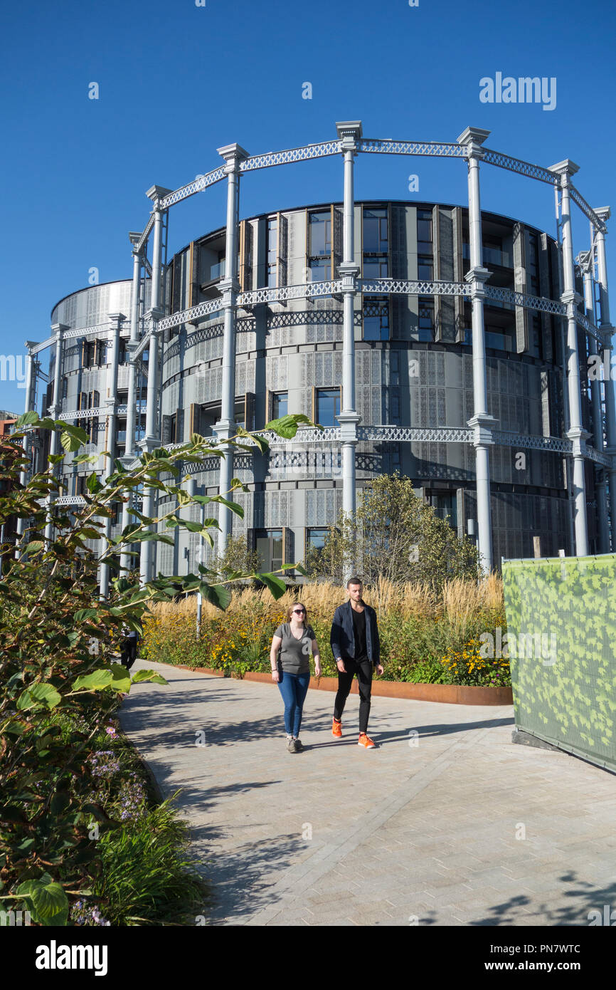Luxury apartments made from converted Victorian gasholders at Gas Holder Park, Kings Cross, London, UK, Stock Photo
