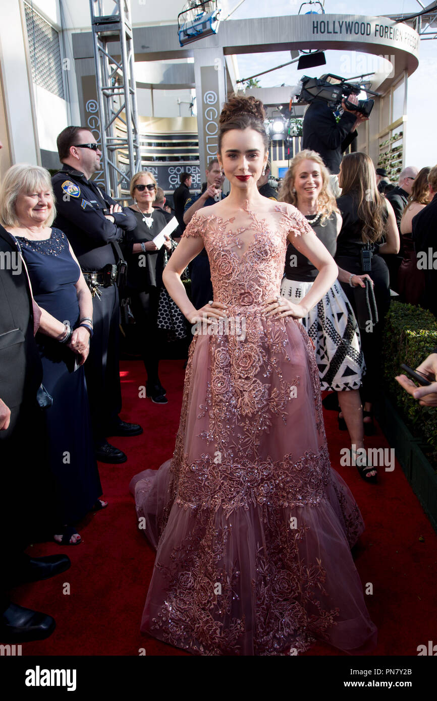 Nominated for BEST PERFORMANCE BY AN ACTRESS IN A MOTION PICTURE  COMEDY  OR MUSICAL for her role in "Rules Don't Apply," actress Lily Collins  attends the 74th Annual Golden Globes Awards