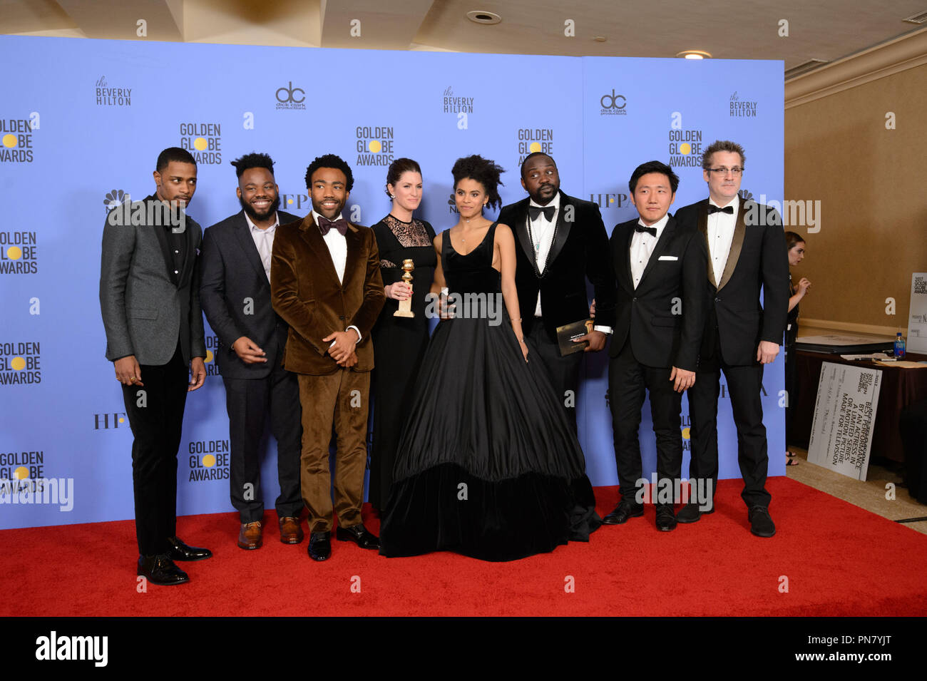 For BEST TELEVISION SERIES – COMEDY OR MUSICAL, the Golden Globe is awarded to 'Atlanta' (FX). Keith Stanfield, Donald Glover, Zadie Beetz, and Brian Tyree Henry with cast and crew pose with the award backstage in the press room at the 74th Annual Golden Globe Awards at the Beverly Hilton in Beverly Hills, CA on Sunday, January 8, 2017.  File Reference # 33198 543JRC  For Editorial Use Only -  All Rights Reserved Stock Photo