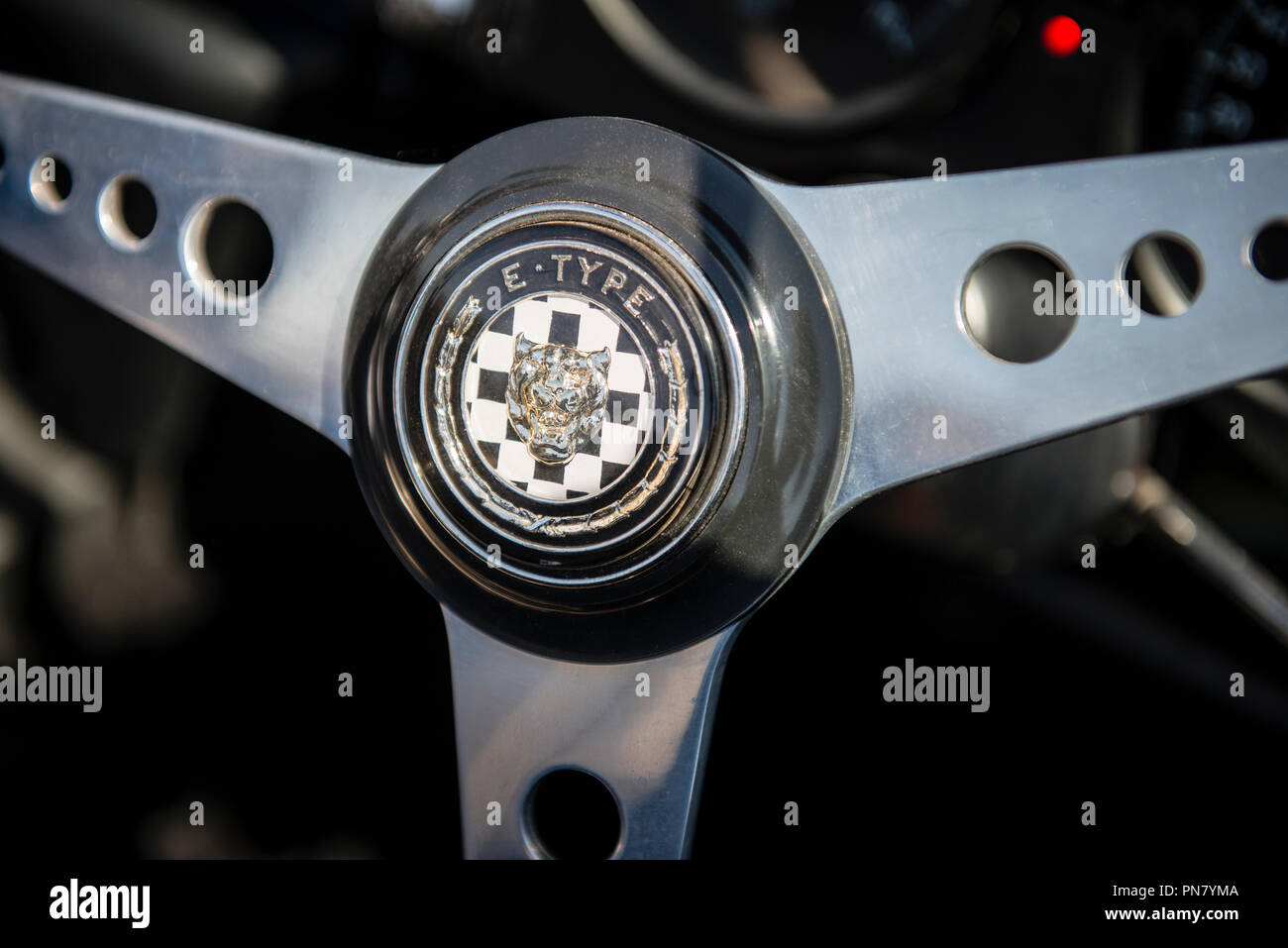 Jaguar E-type steering wheel Stock Photo