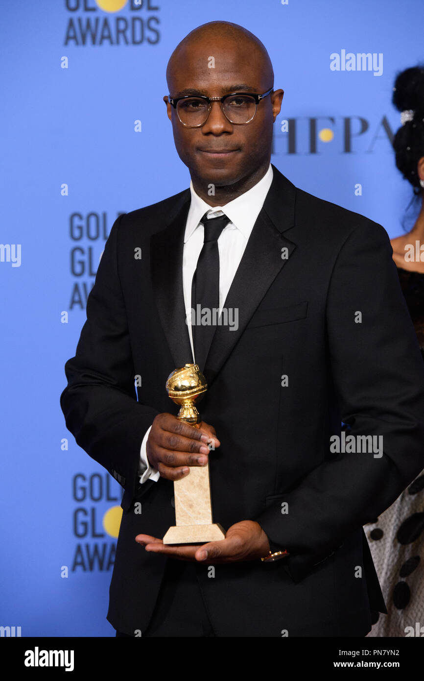 For BEST MOTION PICTURE – DRAMA, the Golden Globe is awarded to 'Moonlight,' directed by Barry Jenkins. Barry Jenkins poses with the award backstage in the press room at the 74th Annual Golden Globe Awards at the Beverly Hilton in Beverly Hills, CA on Sunday, January 8, 2017.  File Reference # 33198 591JRC  For Editorial Use Only -  All Rights Reserved Stock Photo