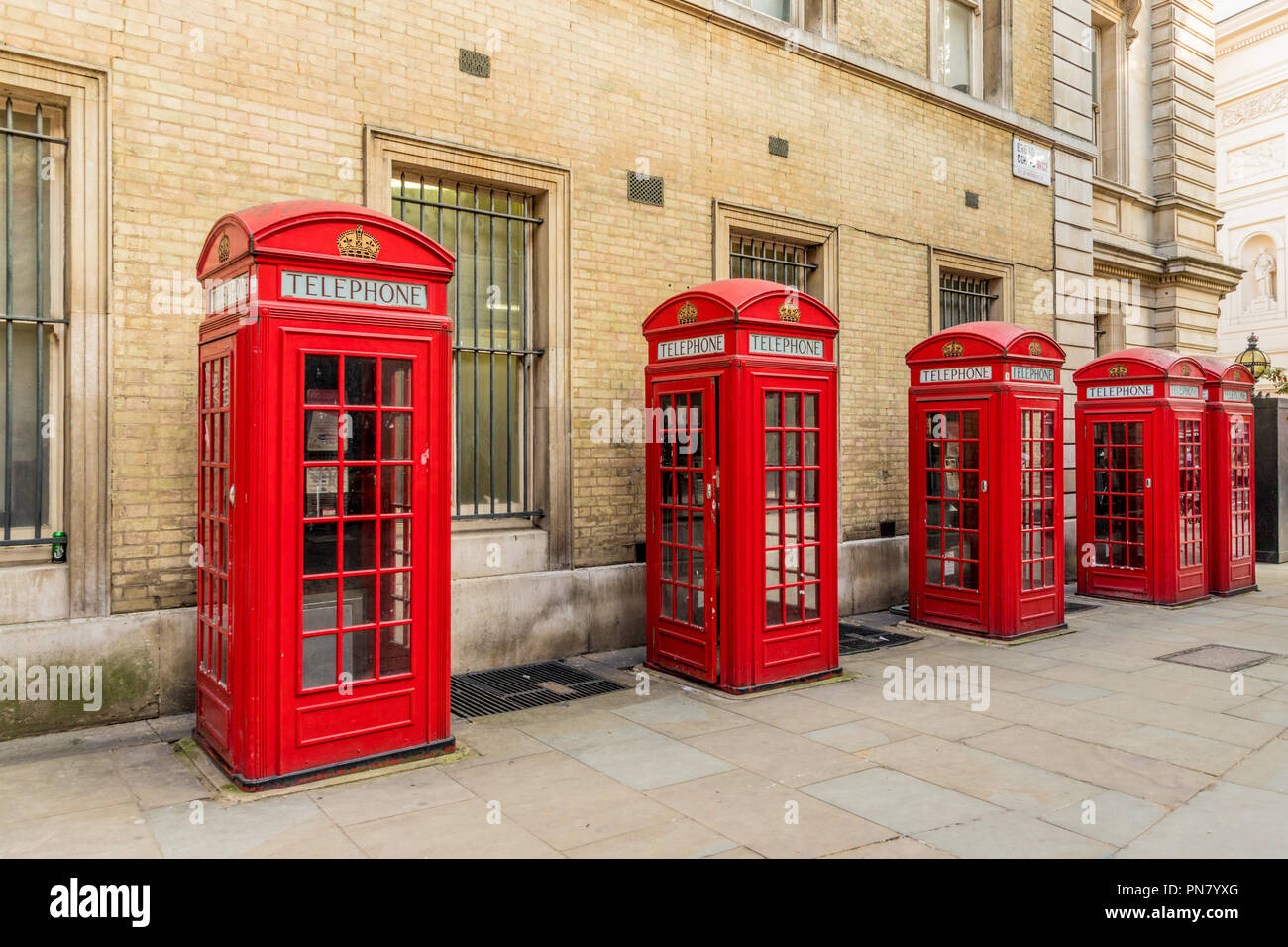 London. September 2018. A view of traditional red phone boxes in London Stock Photo