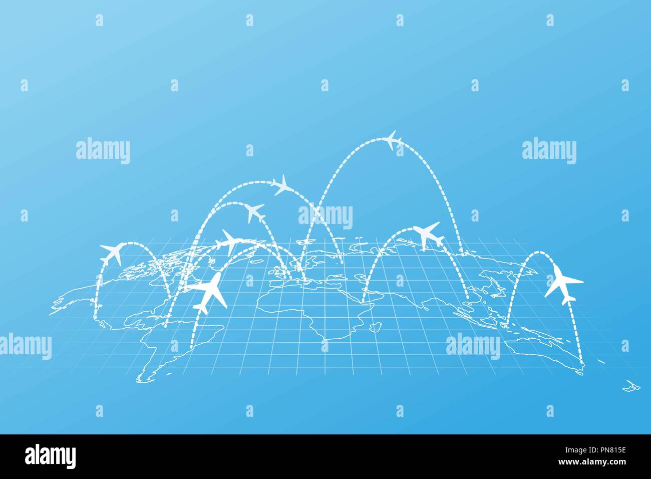 Airline routes with planes on world map in perspective on blue Stock Vector