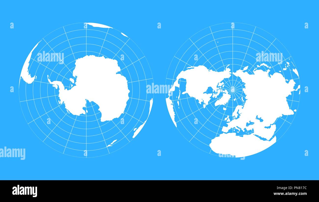 Arctic and antarctic globe hemispheres. World map in blueprint style Stock Vector