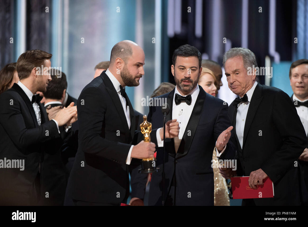 Host Jimmy Kimmel onstage explaining the mix-up after the cast of La La Land was awarded the Oscar® for Best Picture by presenter Warren Beatty during The 89th Oscars® at the Dolby® Theatre in Hollywood, CA on Sunday, February 26, 2017.  File Reference # 33242 488THA  For Editorial Use Only -  All Rights Reserved Stock Photo