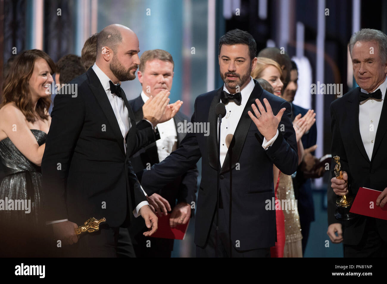 Host Jimmy Kimmel onstage explaining the mix-up after the cast of La La Land was awarded the Oscar® for Best Picture by presenter Warren Beatty during The 89th Oscars® at the Dolby® Theatre in Hollywood, CA on Sunday, February 26, 2017.  File Reference # 33242 489THA  For Editorial Use Only -  All Rights Reserved Stock Photo
