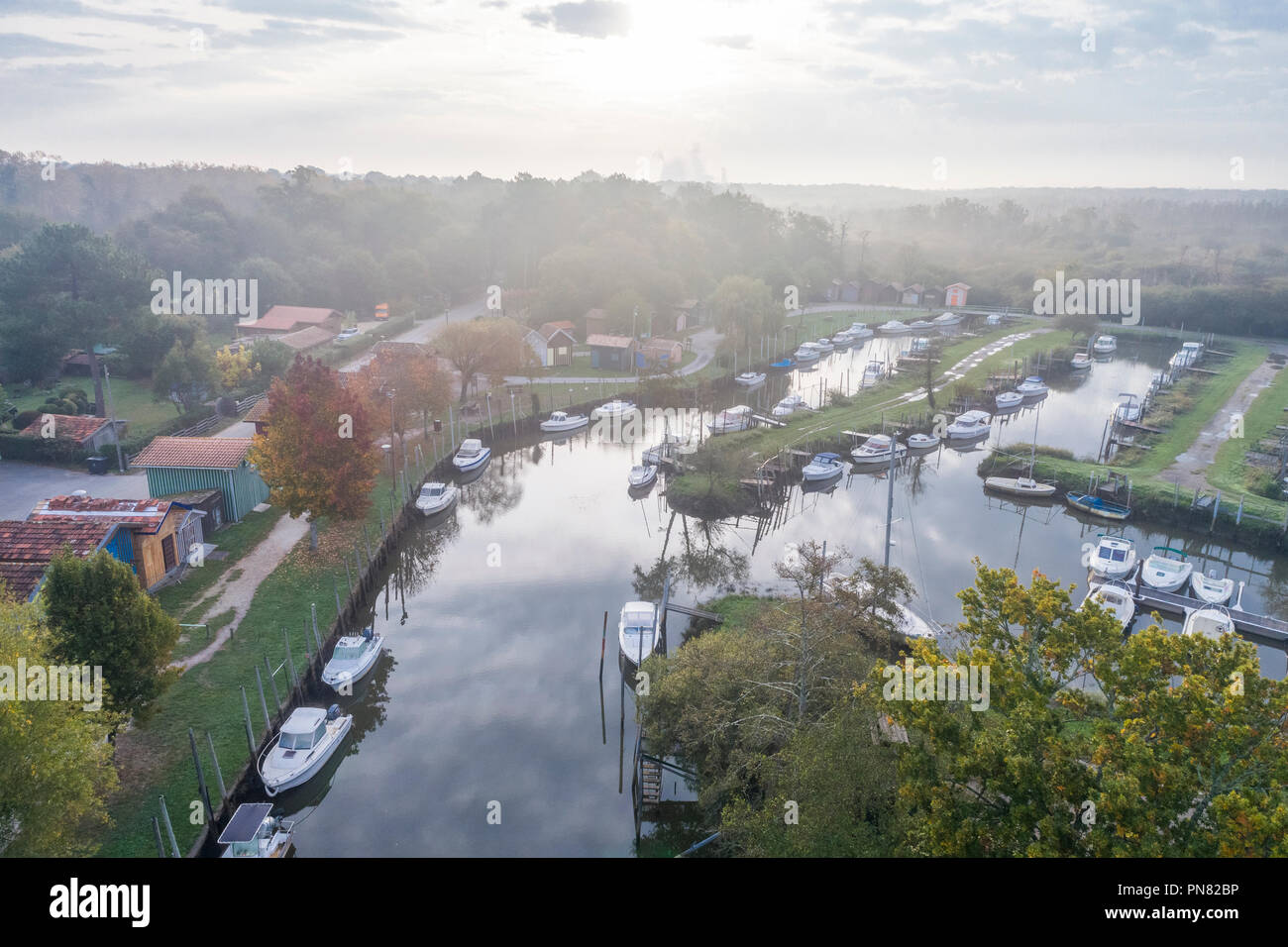 France, Gironde, Parc naturel regional des Landes de Gascogne (Landes de Gascogne Regional Natural Park), Biganos, the harbour on La Leyre river (aeri Stock Photo