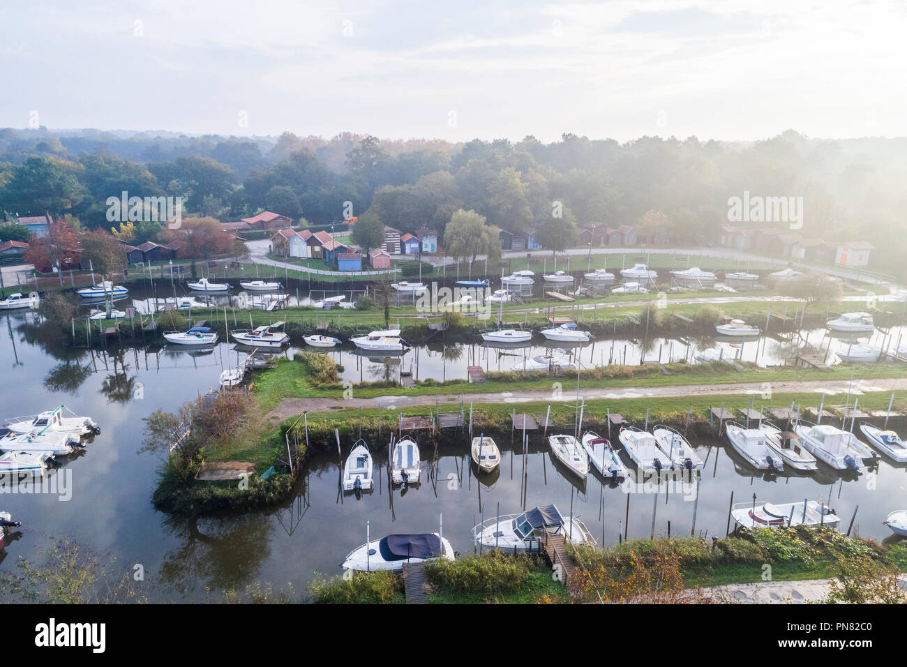 France, Gironde, Parc naturel regional des Landes de Gascogne (Landes de Gascogne Regional Natural Park), Biganos, the harbour on La Leyre river (aeri Stock Photo