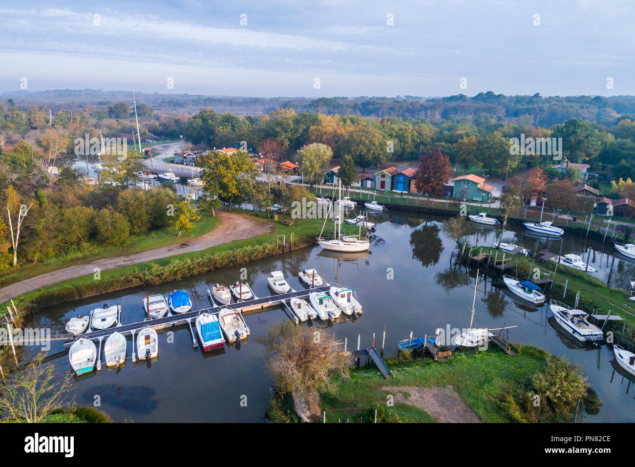 France, Gironde, Parc naturel regional des Landes de Gascogne (Landes de Gascogne Regional Natural Park), Biganos, the harbour on La Leyre river (aeri Stock Photo