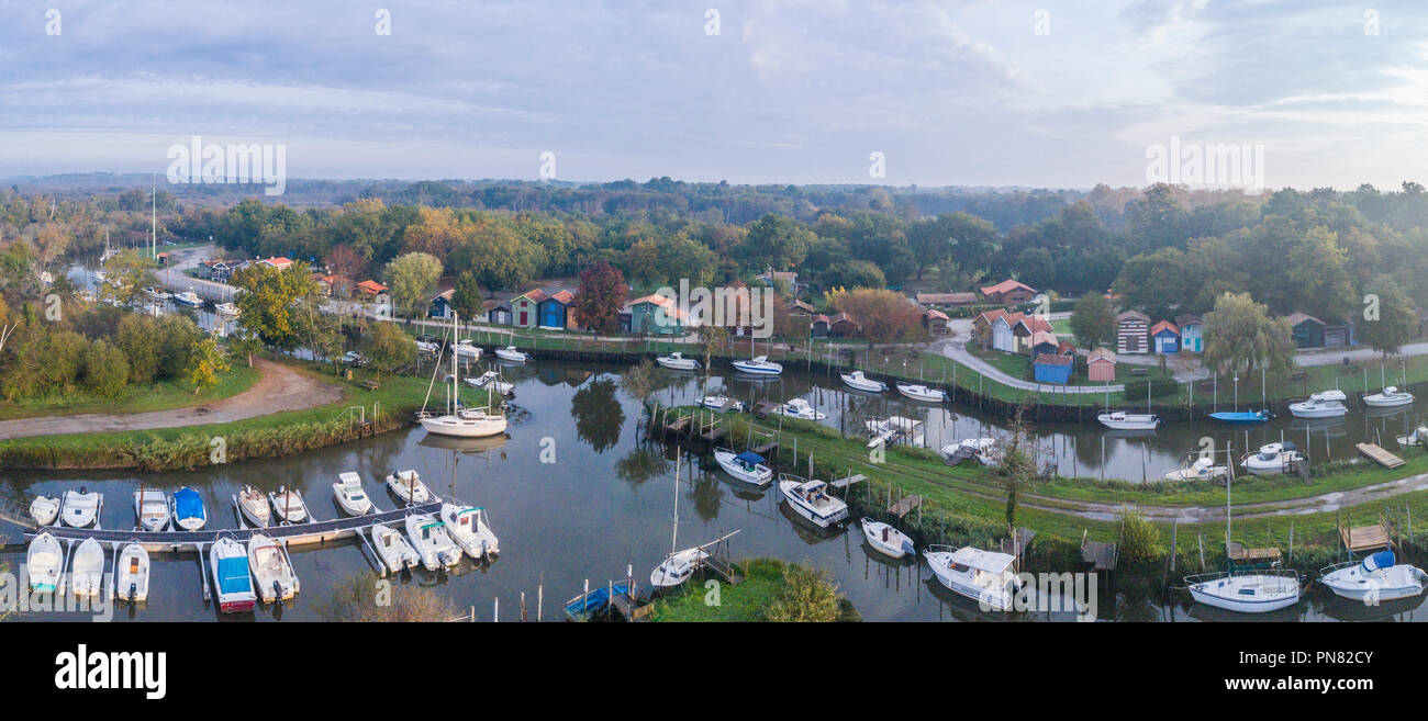 France, Gironde, Parc naturel regional des Landes de Gascogne (Landes de Gascogne Regional Natural Park), Biganos, the harbour on La Leyre river (aeri Stock Photo