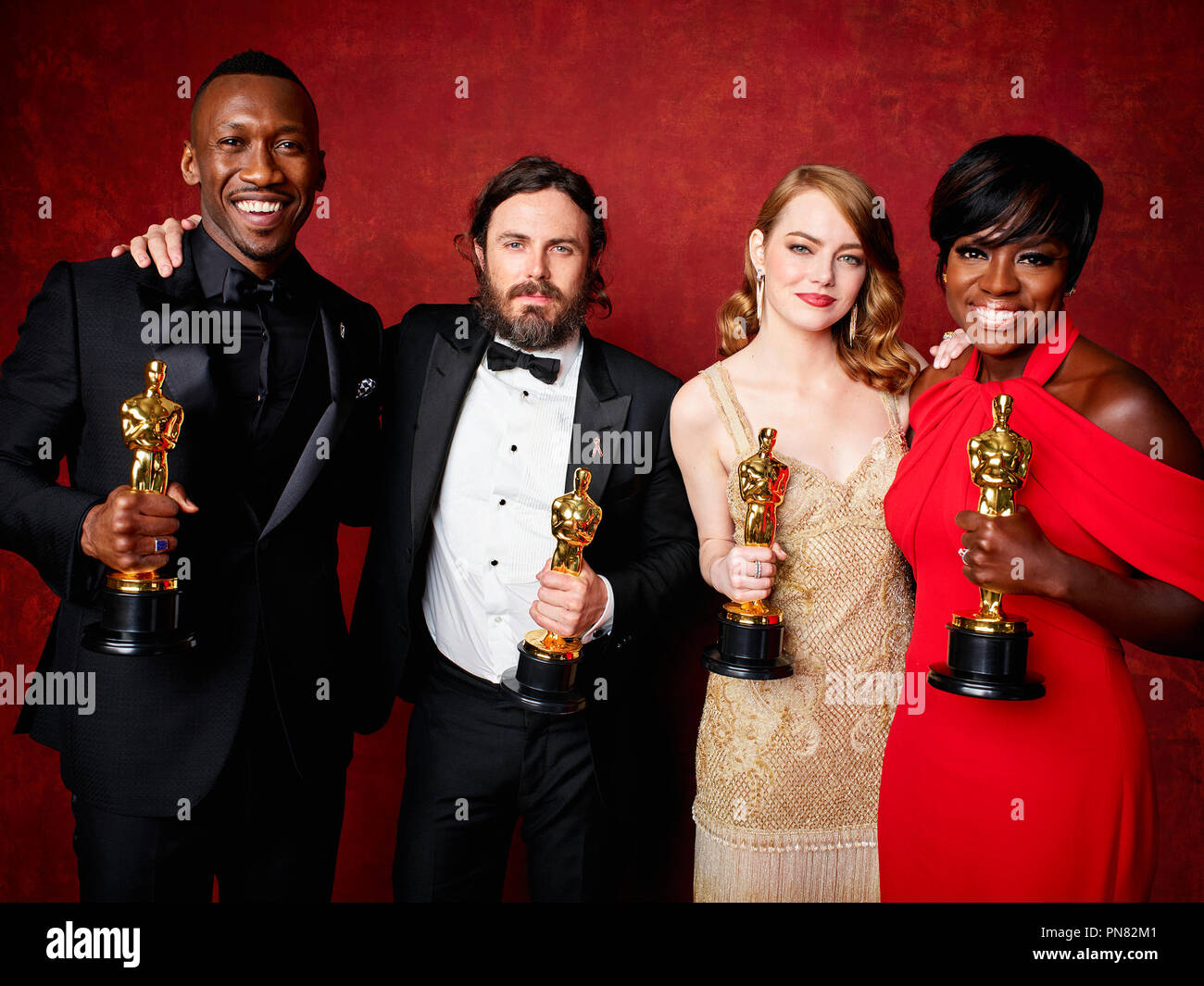 Mahershala Ali, Casey Affleck, Emma Stone and Viola Davis backstage during the live ABC Telecast of The 89th Oscars® at the Dolby® Theatre in Hollywood, CA on Sunday, February 26, 2016.  File Reference # 33242 757THA  For Editorial Use Only -  All Rights Reserved Stock Photo