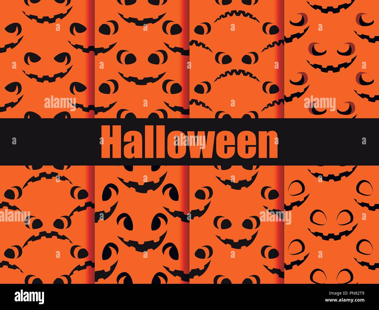 Halloween seamless patterns set. Scary faces, jack-o-lantern pumpkin icon. Vector illustration Stock Vector