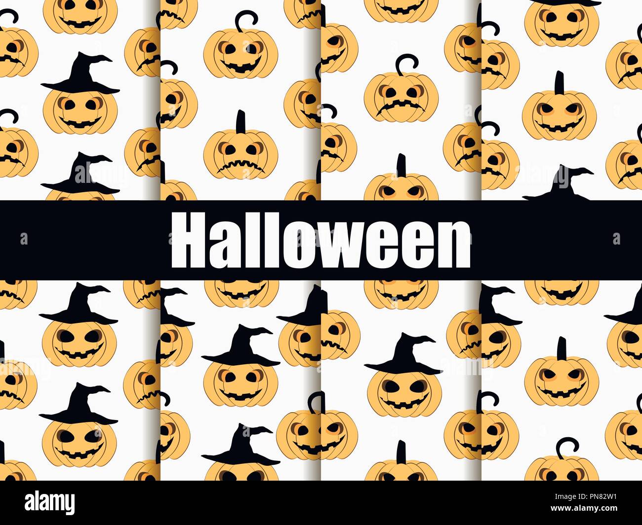 Halloween seamless patterns set. Scary faces, jack-o-lantern pumpkin icon. Vector illustration Stock Vector