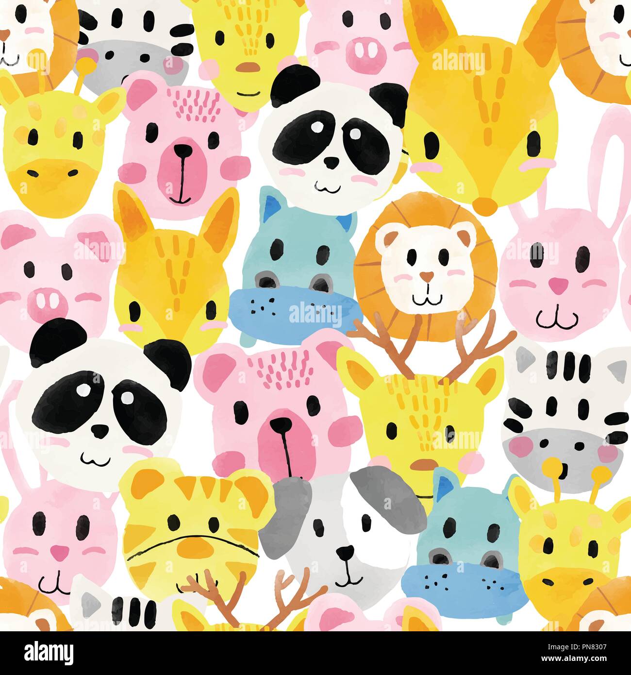 watercolour cute animal faces pattern seamless Stock Vector