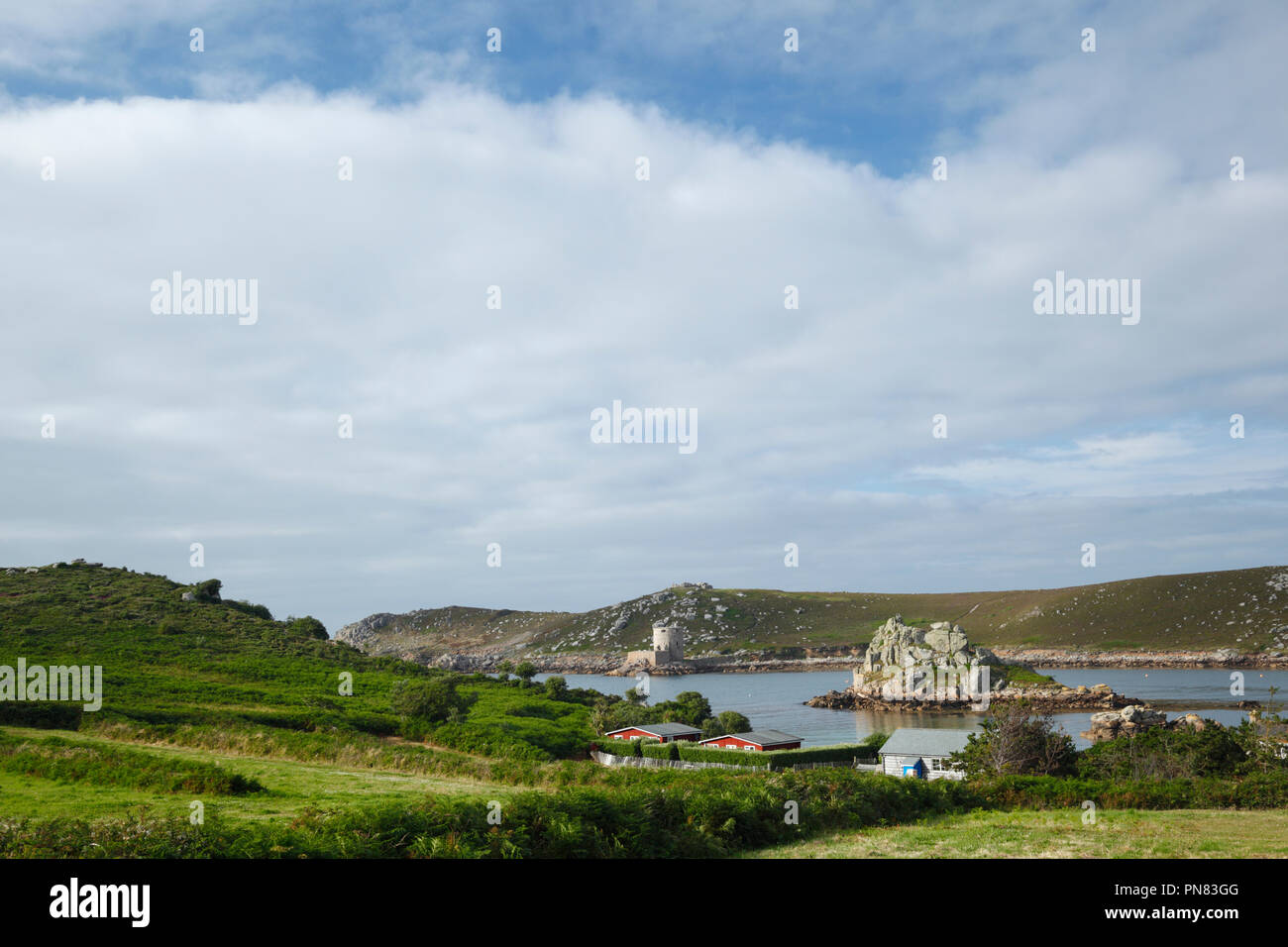 View from Bryher towards Hangman Island and Tresco in the distance. Isles of Scilly. Cornwall. UK. Stock Photo