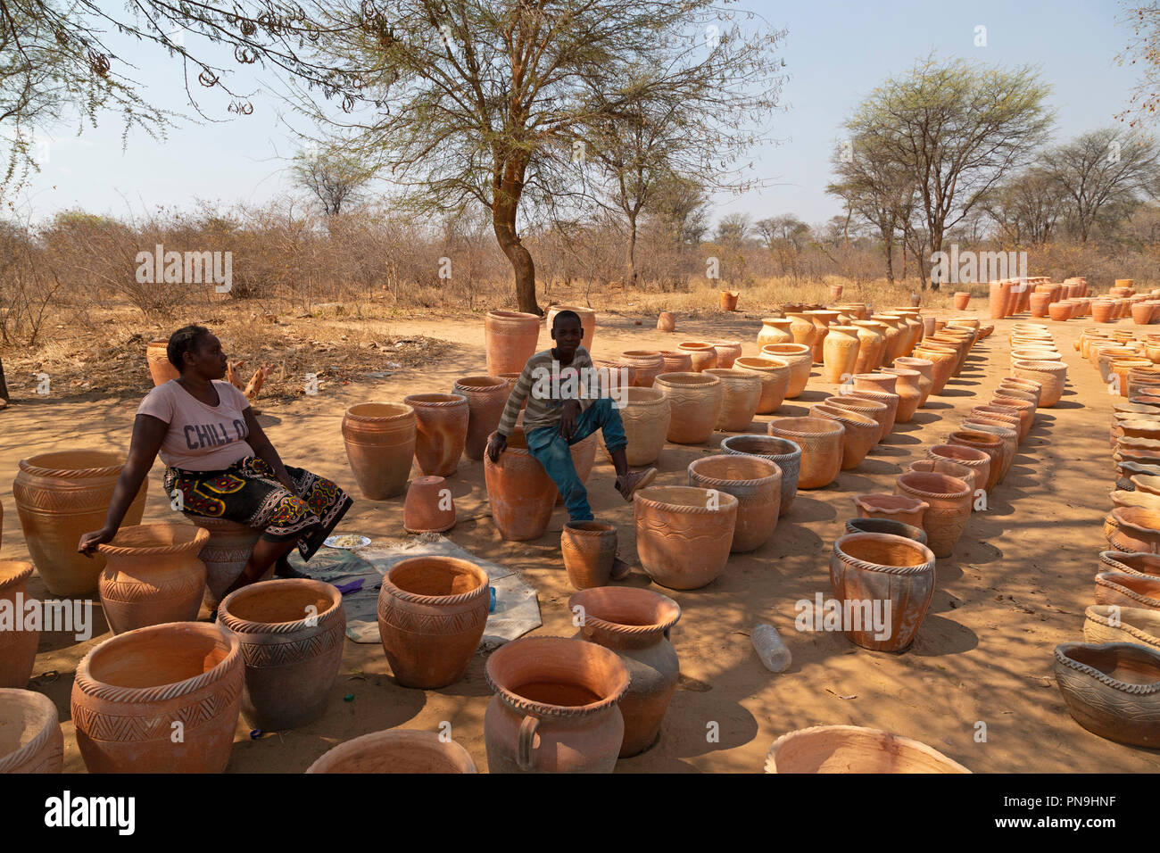 Pottery on display at a roadside stall in Zimbabwe. The pieces are sold