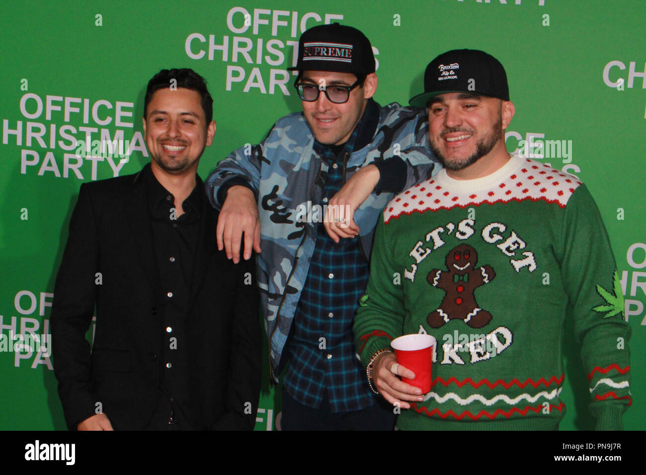 Louie Rubio, Lex Larson, and DJ Felli Fel, The Americanos  12/07/2016 The Los Angeles Premiere of "Office Christmas Party" held at  the Regency Village Theater in Los Angeles, CA Photo by Izumi Hasegawa /  HNW / PictureLux Stock Photo