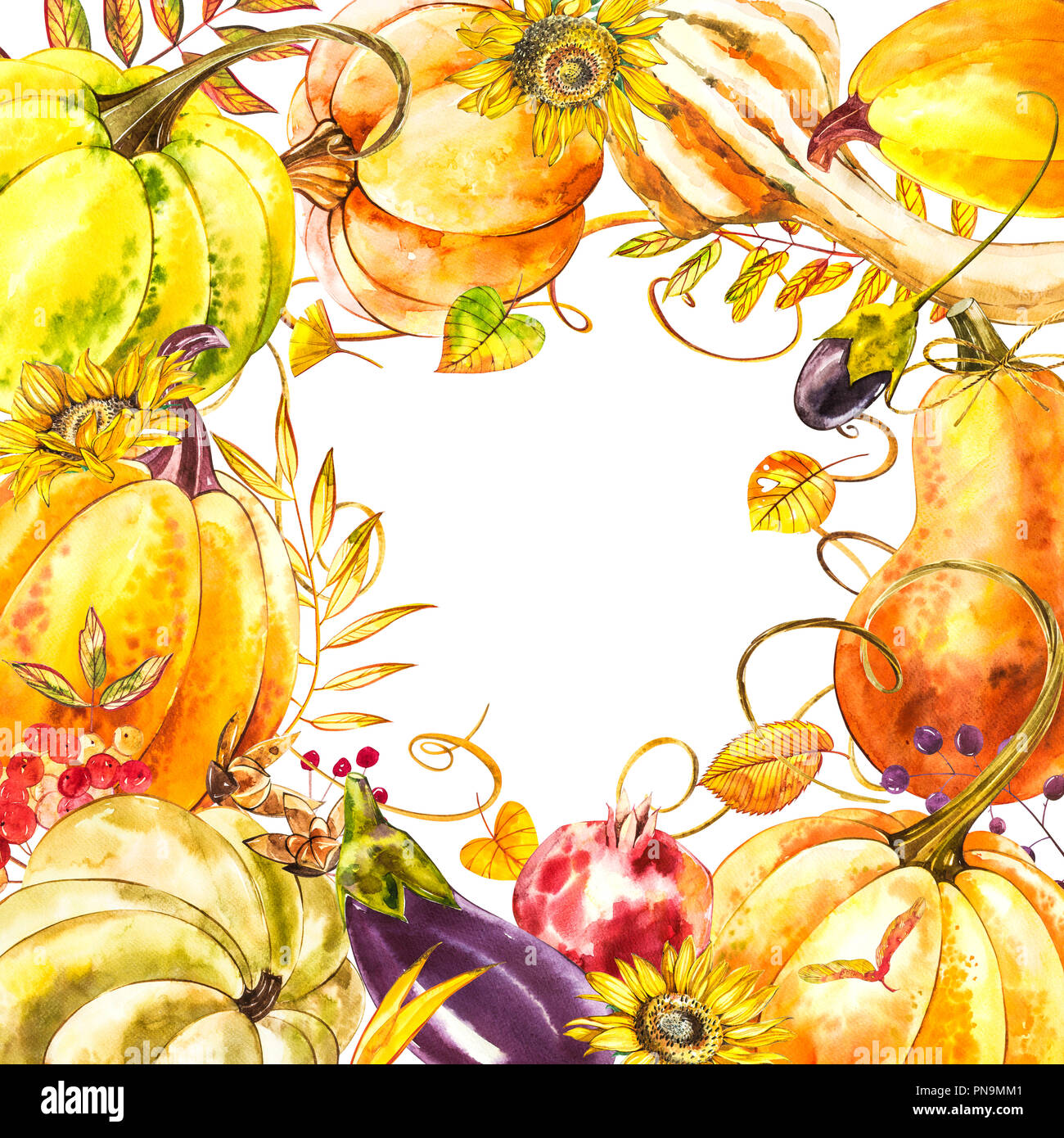 Autumn leaves and pumpkins border frame with space text on white ...